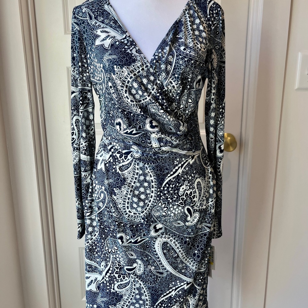 Andre’ Oliver Paisley Blue Bead Detail Dress Size 8P